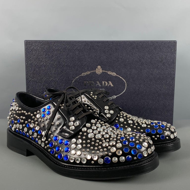 PRADA Size 9 Black Silver and Blue Studded Leather Lace Up  display picture 3