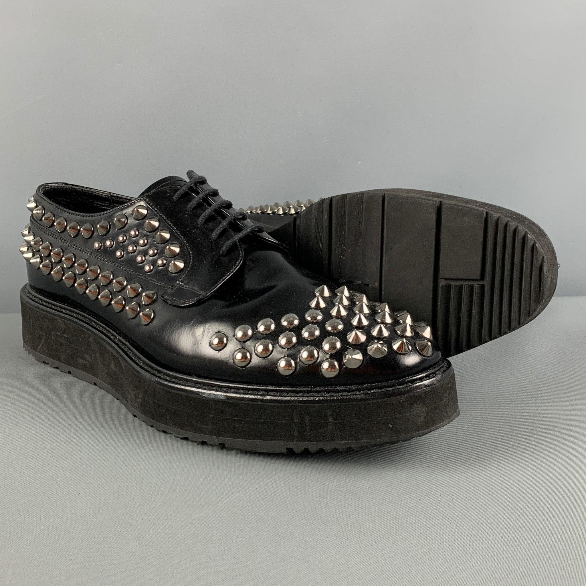 PRADA Size 9 Black Silver Studded Leather Platform Lace Up Shoes In Good Condition For Sale In San Francisco, CA