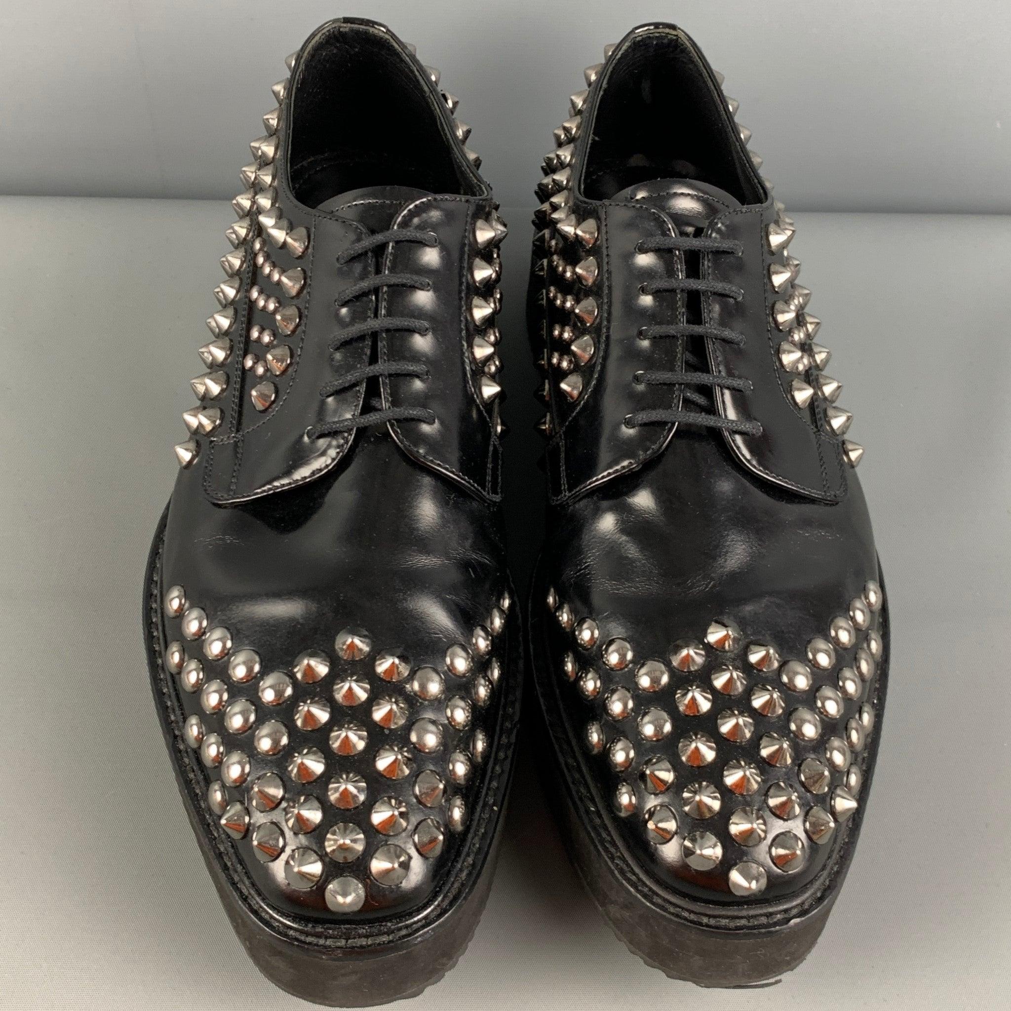 Men's PRADA Size 9 Black Silver Studded Leather Platform Lace Up Shoes For Sale