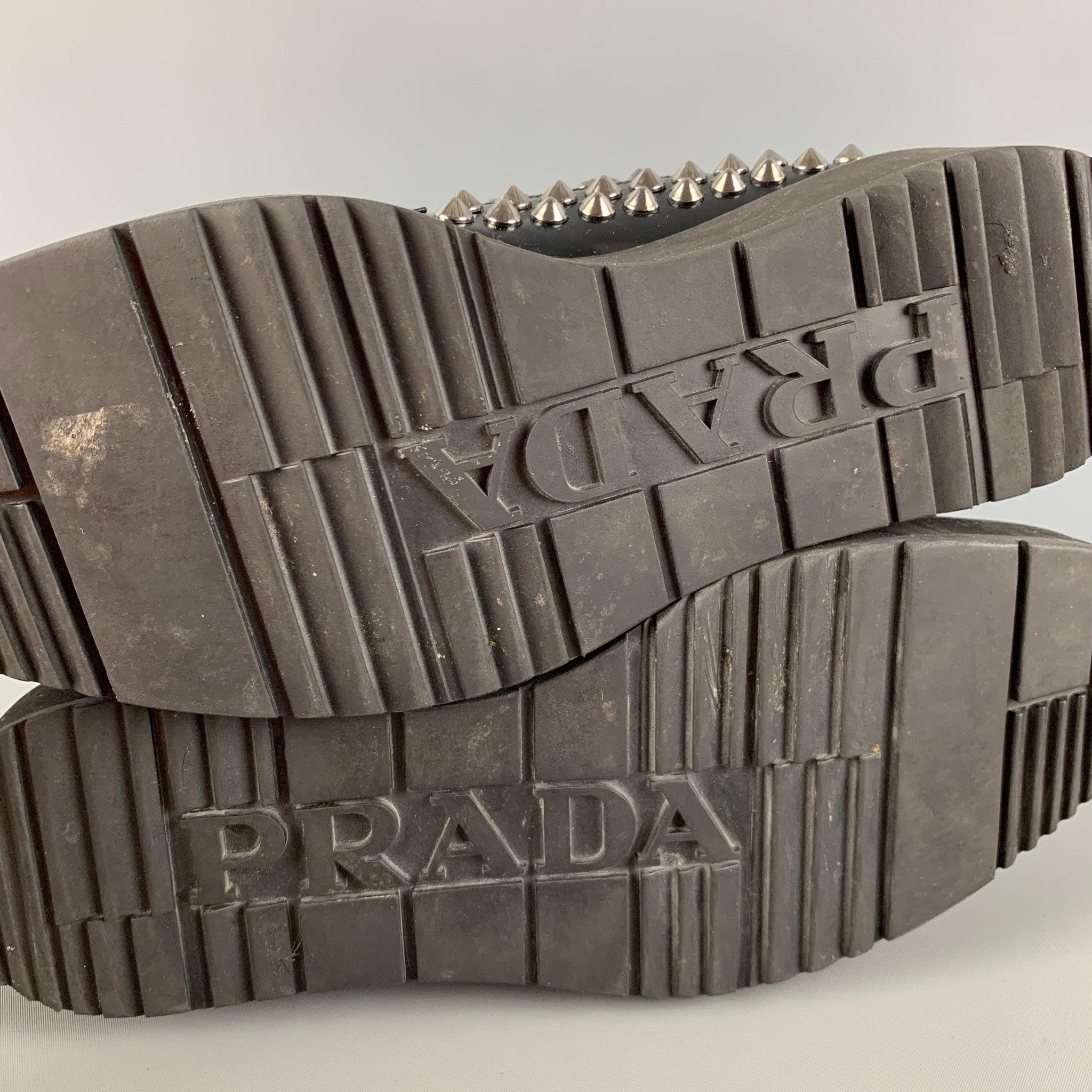 PRADA Size 9 Black Silver Studded Leather Platform Lace Up Shoes For Sale 4