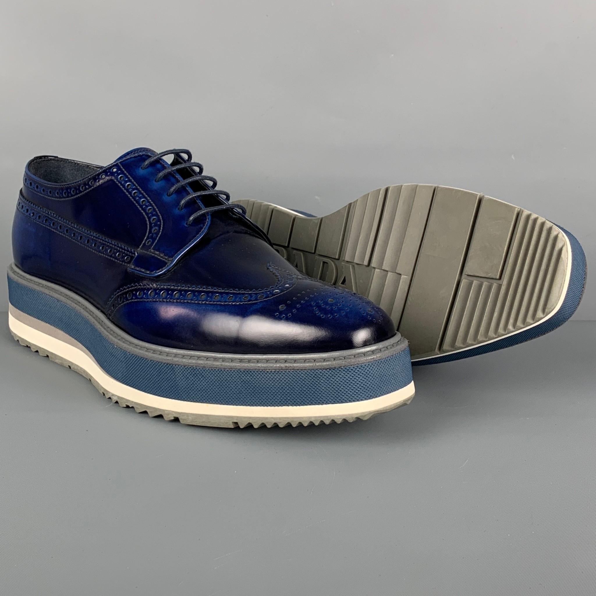 Black PRADA Size 9 Blue Perforated Leather Wingtip Platform Lace Up Shoes