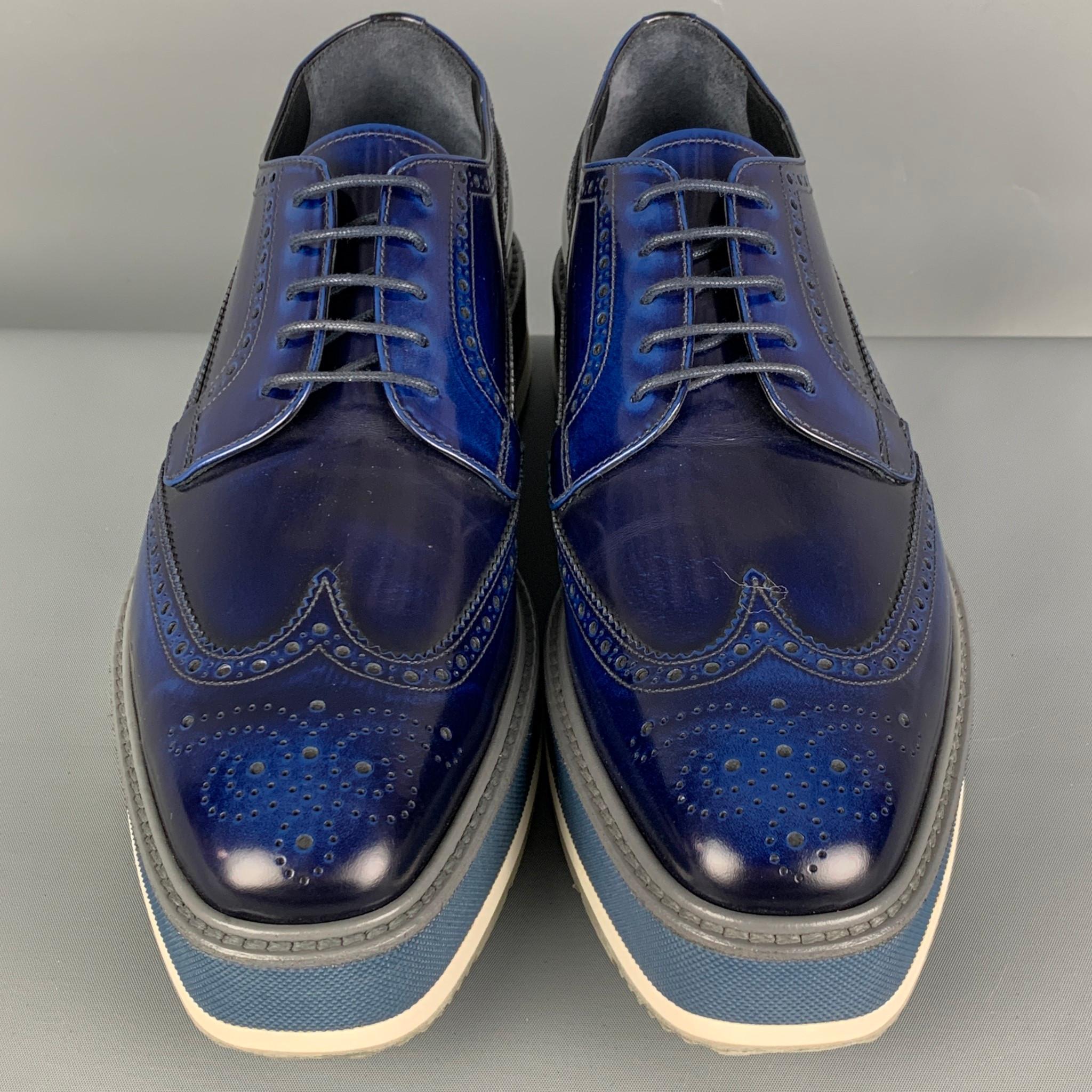 PRADA Size 9 Blue Perforated Leather Wingtip Platform Lace Up Shoes In Good Condition In San Francisco, CA