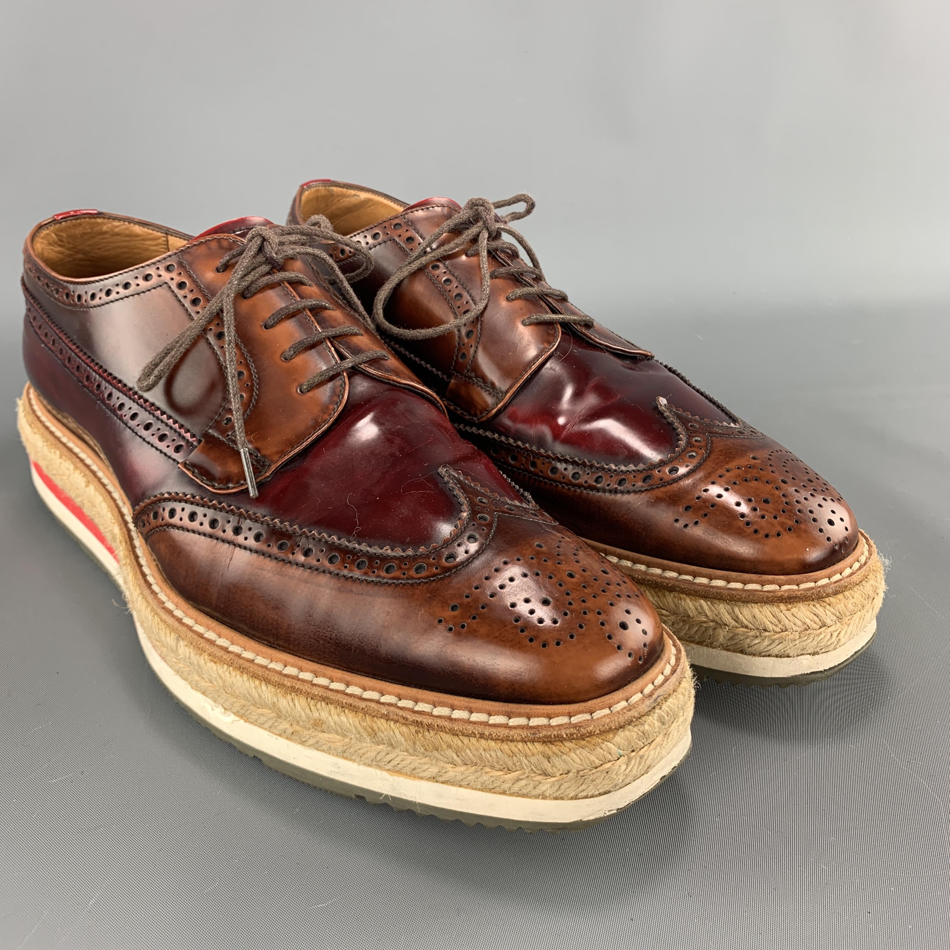 PRADA Size 9 Brown & Burgundy Antique Leather Wingtip Lace Up In Excellent Condition In San Francisco, CA