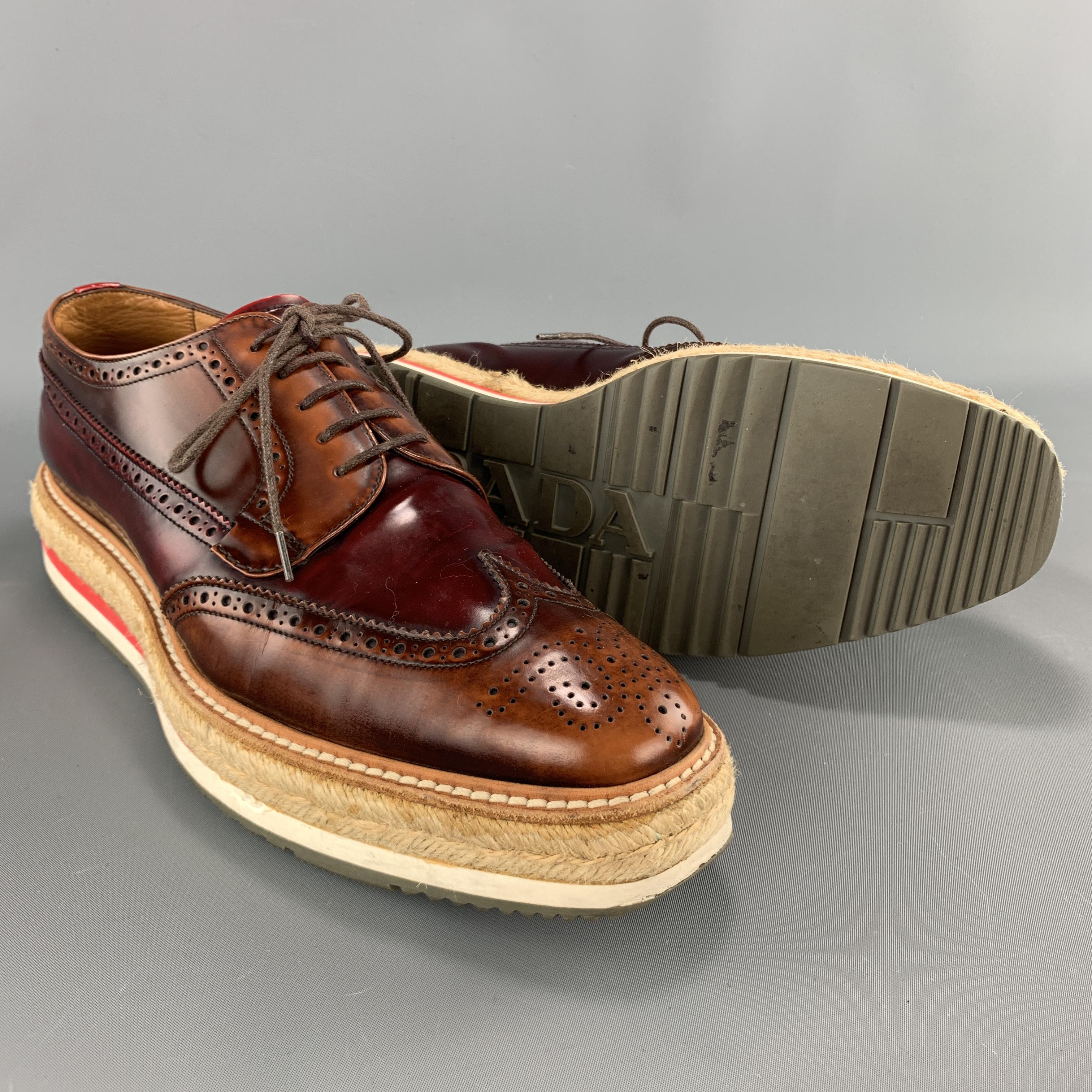 Men's PRADA Size 9 Brown & Burgundy Antique Leather Wingtip Lace Up