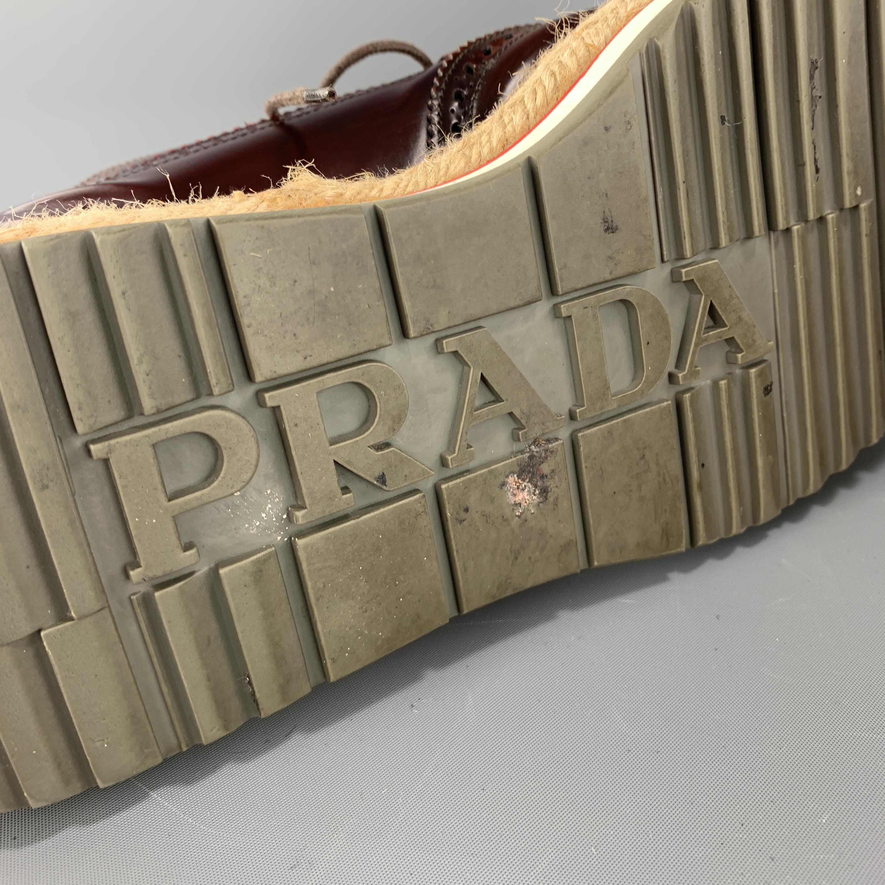 PRADA Size 9 Brown & Burgundy Antique Leather Wingtip Lace Up 4