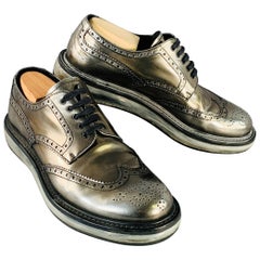 PRADA Size 9 Silver Metallic Perforated Leather Wingtip Lace-Up Shoes