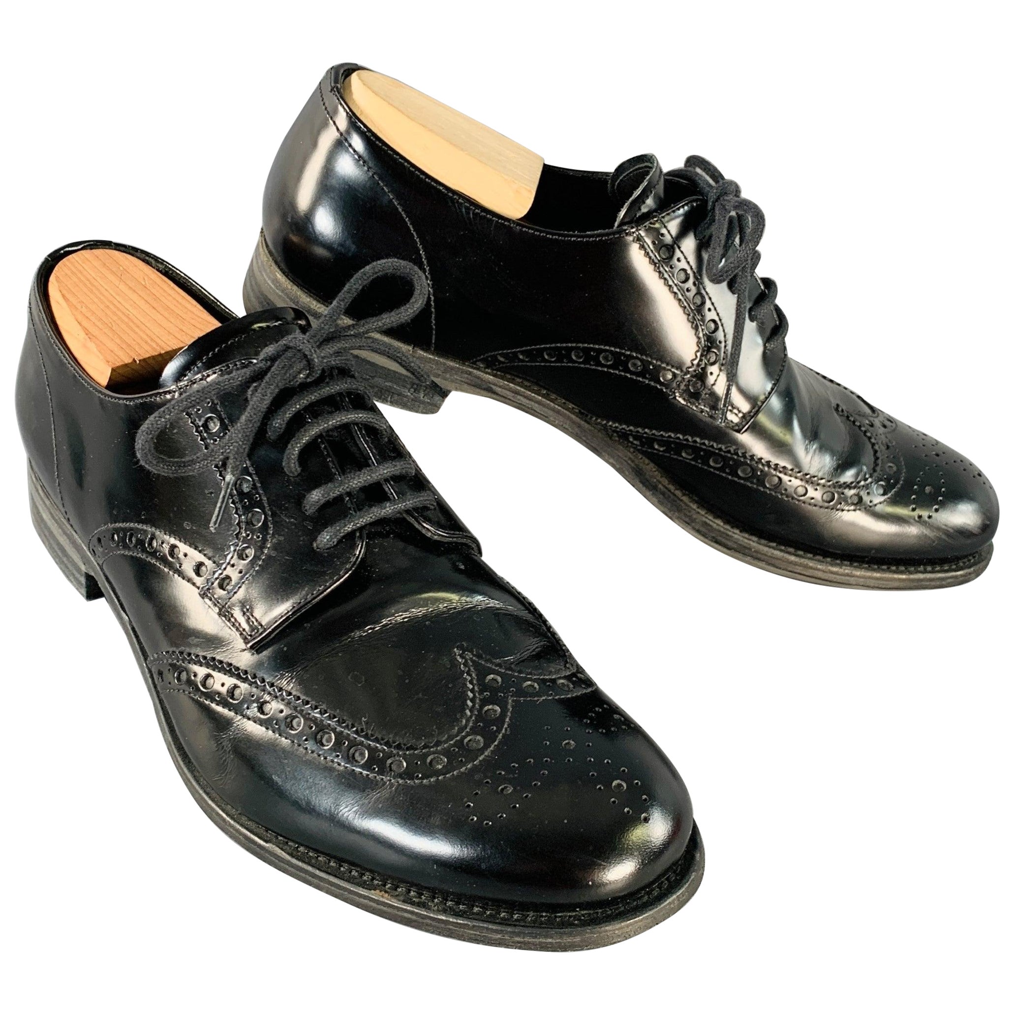 PRADA Size 9.5 Black Leather Perforated Wingtip Derby Lace-Up Shoes