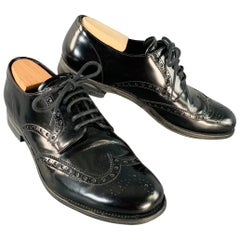PRADA Size 9.5 Black Leather Perforated Wingtip Derby Lace-Up Shoes