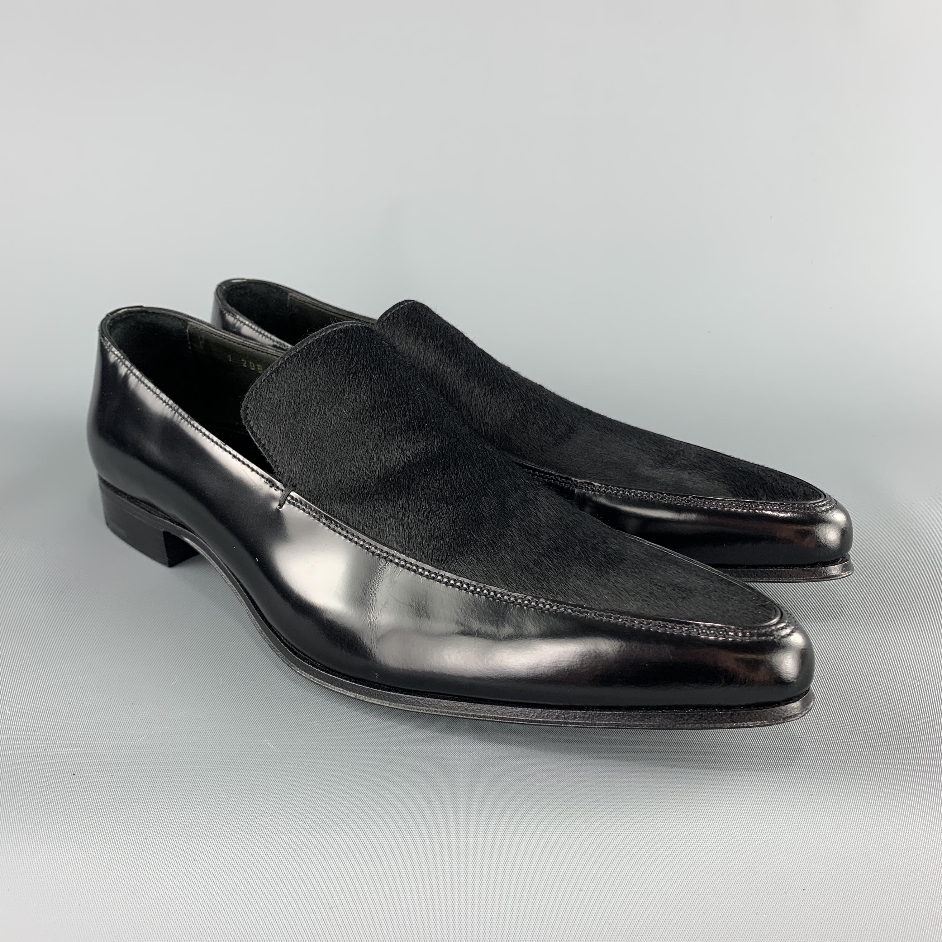 PRADA dress loafers come in black polished leather with a pointed toe and pony hair top panel. Made in Italy.

New with Box.
Marked: UK 8.5

Outsole: 12.25 x 4 in.