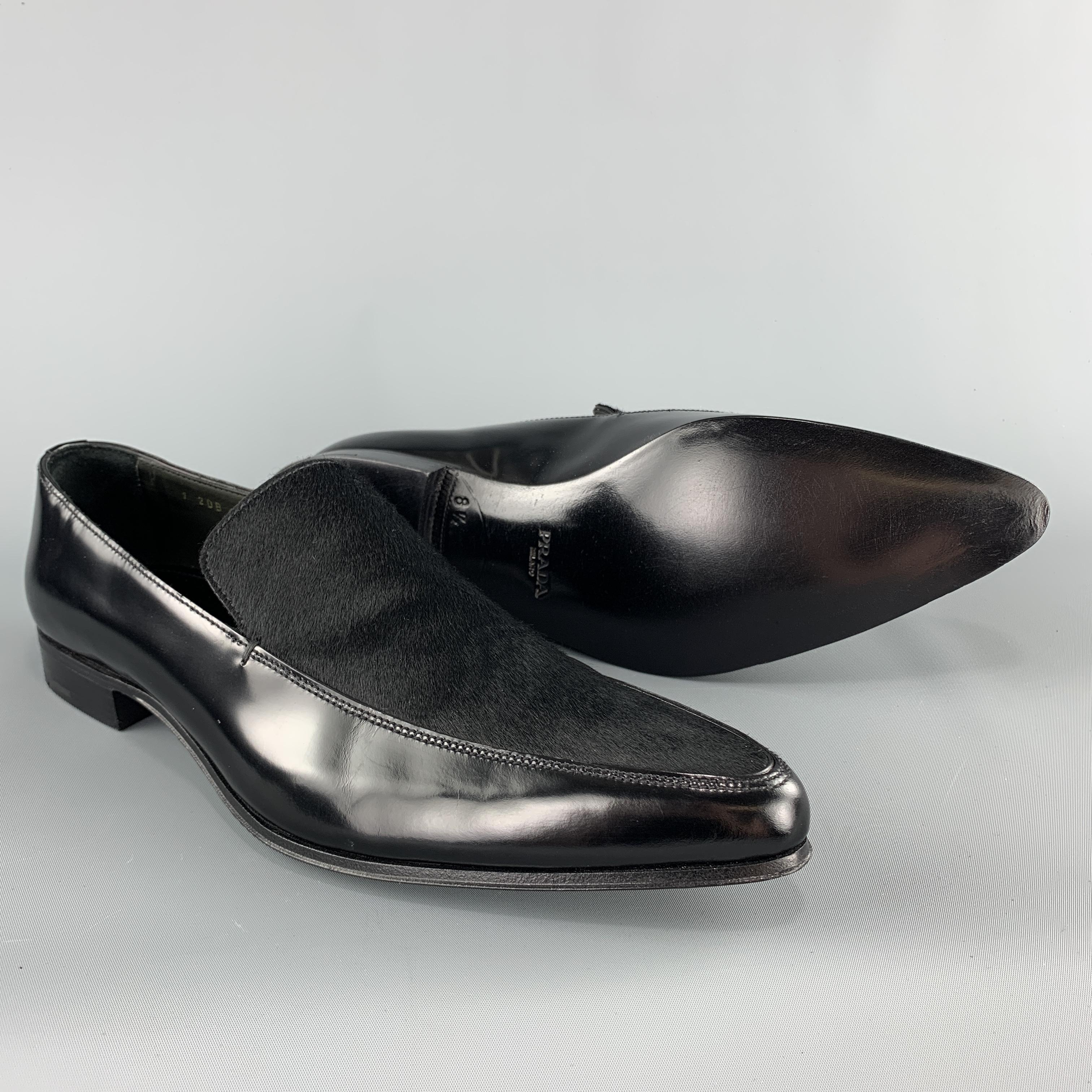 PRADA Size 9.5 Black Leather Pointed Pony Hair Dress Loafers In New Condition In San Francisco, CA