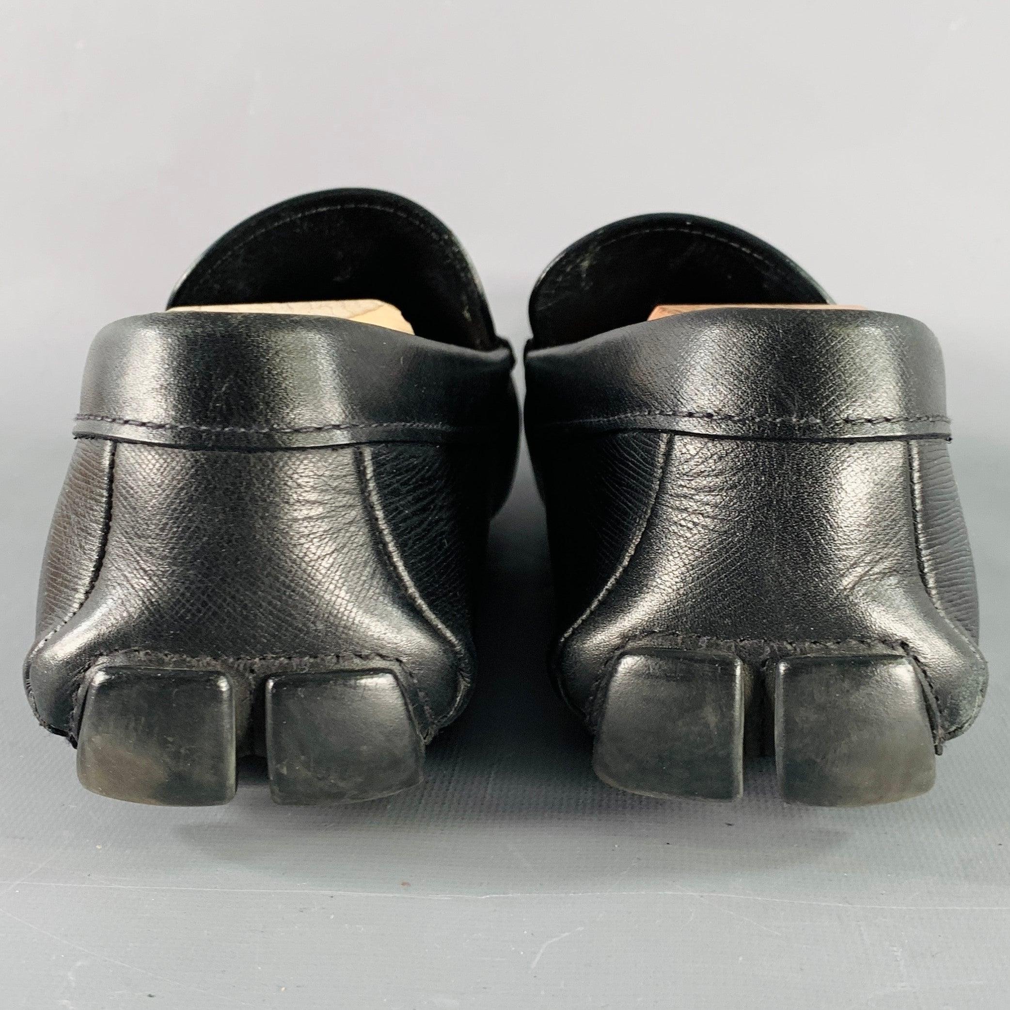 PRADA Size 10.5 Black Saffiano Leather Drivers Penny Loafers In Good Condition For Sale In San Francisco, CA