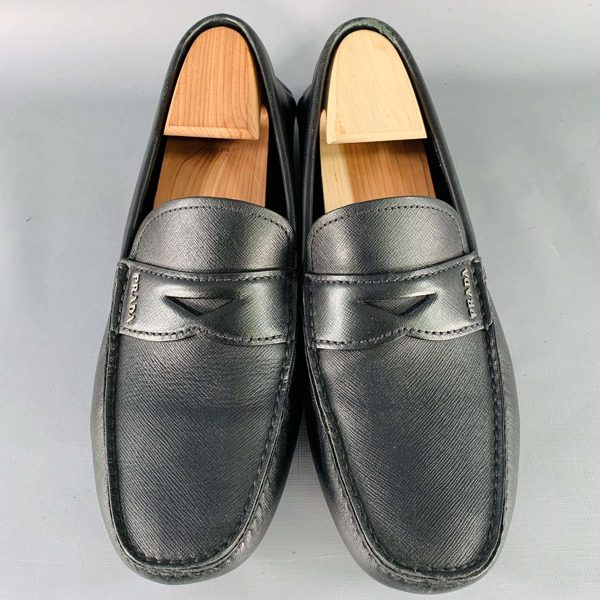 Men's PRADA Size 10.5 Black Saffiano Leather Drivers Penny Loafers For Sale
