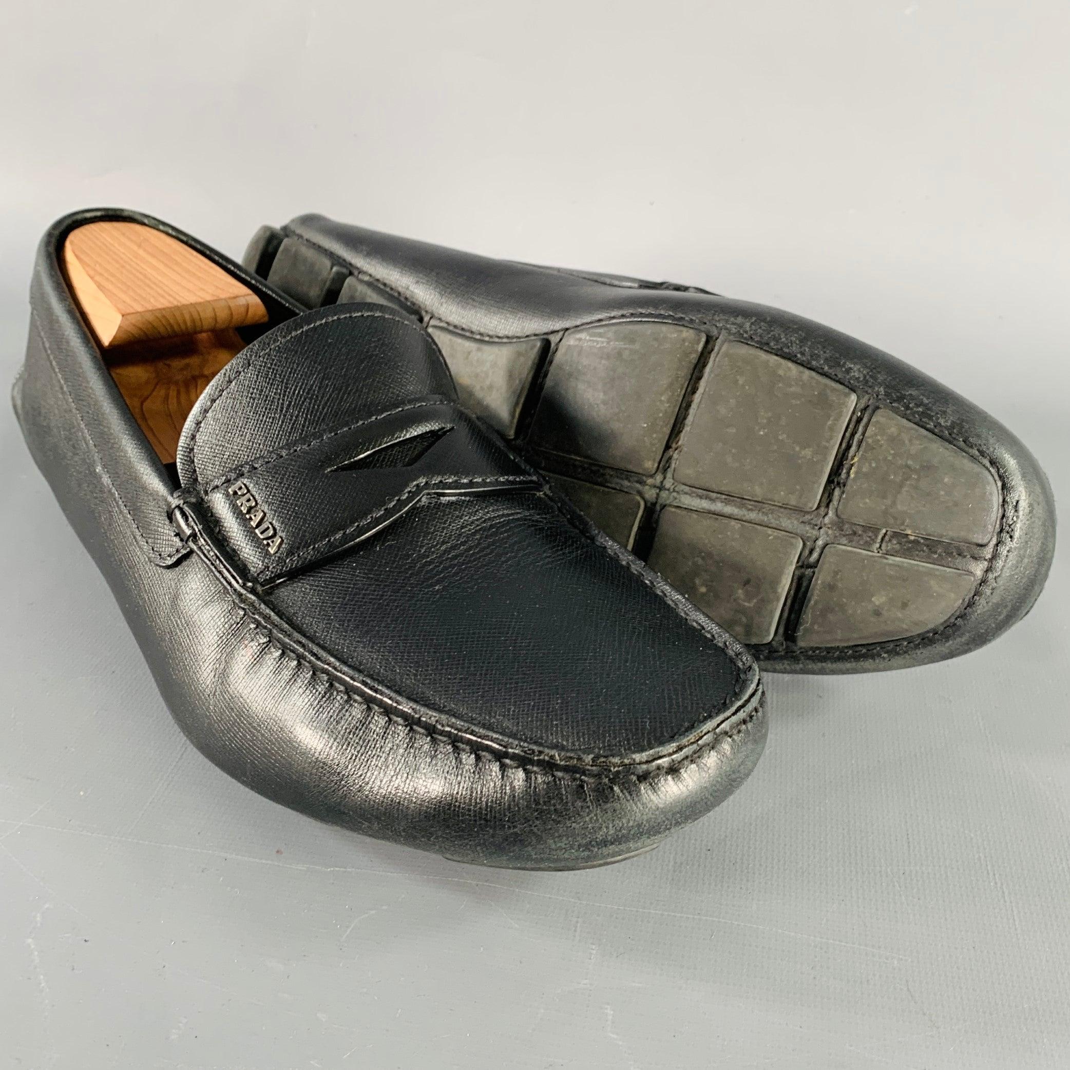 PRADA Size 10.5 Black Saffiano Leather Drivers Penny Loafers For Sale 1