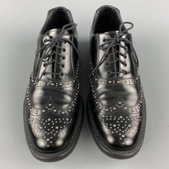 PRADA Size 9.5 Black Studded Leather Wingtip Lace Up Oxfords