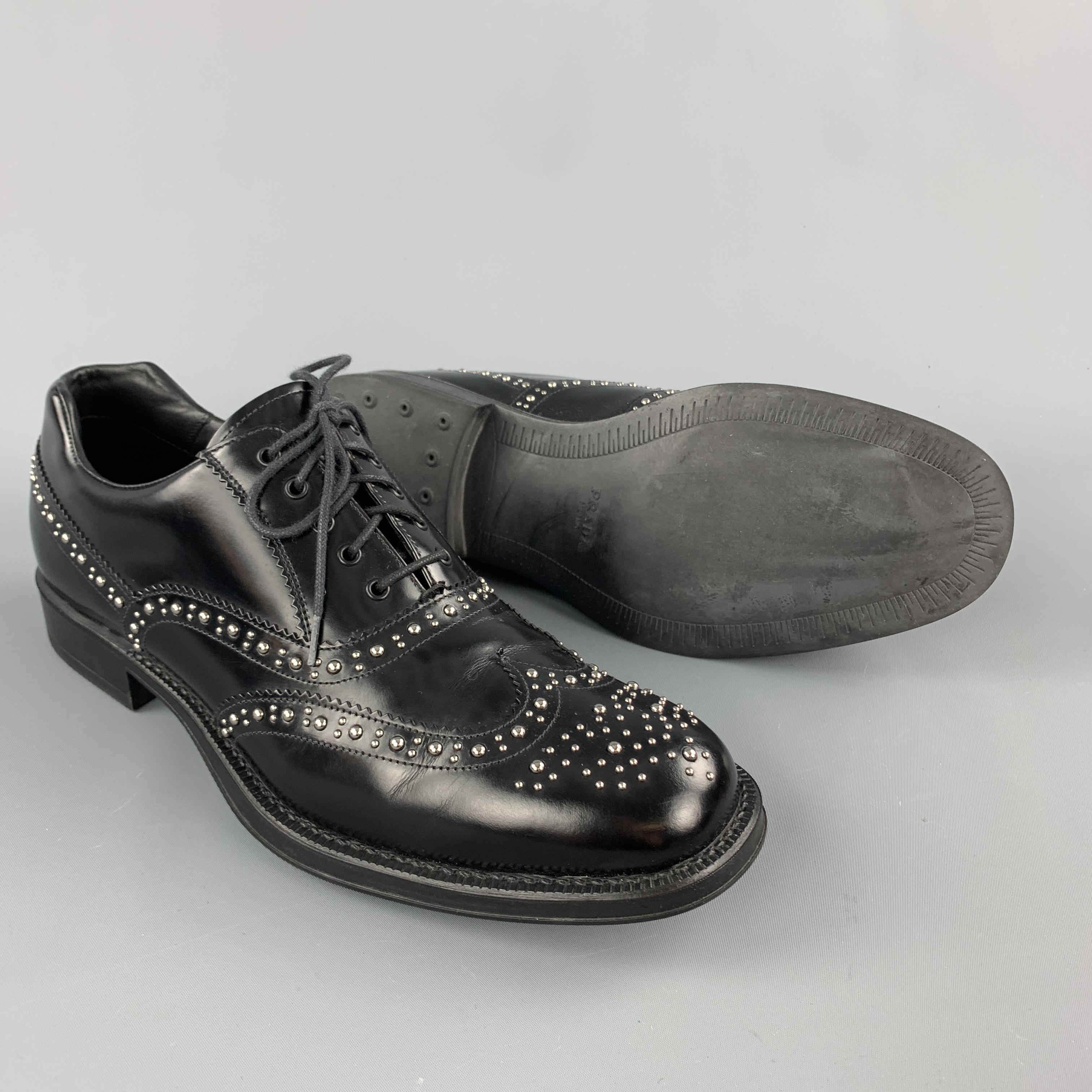 PRADA Size 9.5 Black Studded Leather Wingtip Lace Up Oxfords In Excellent Condition In San Francisco, CA