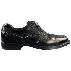 PRADA Size 9.5 Black Studded Leather Wingtip Lace Up Oxfords