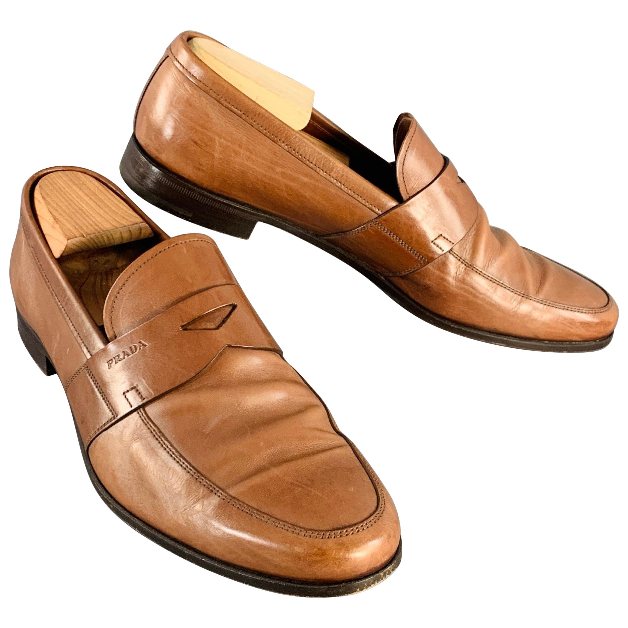 PRADA Size 9.5 Brown Leather Slip On Penny Loafers