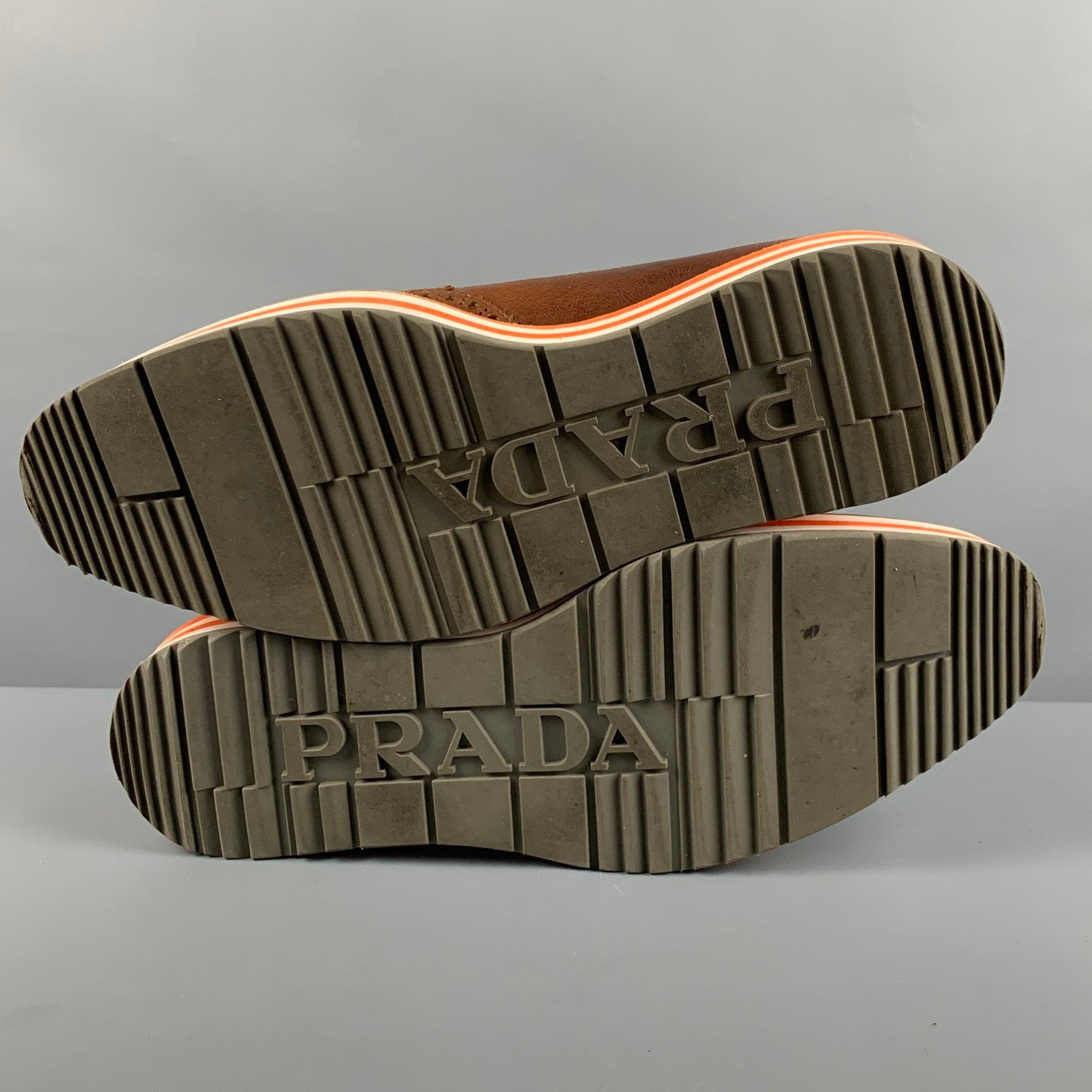 PRADA Size 9.5 Brown Perforated Leather Platform Lace-Up Shoes For Sale 2