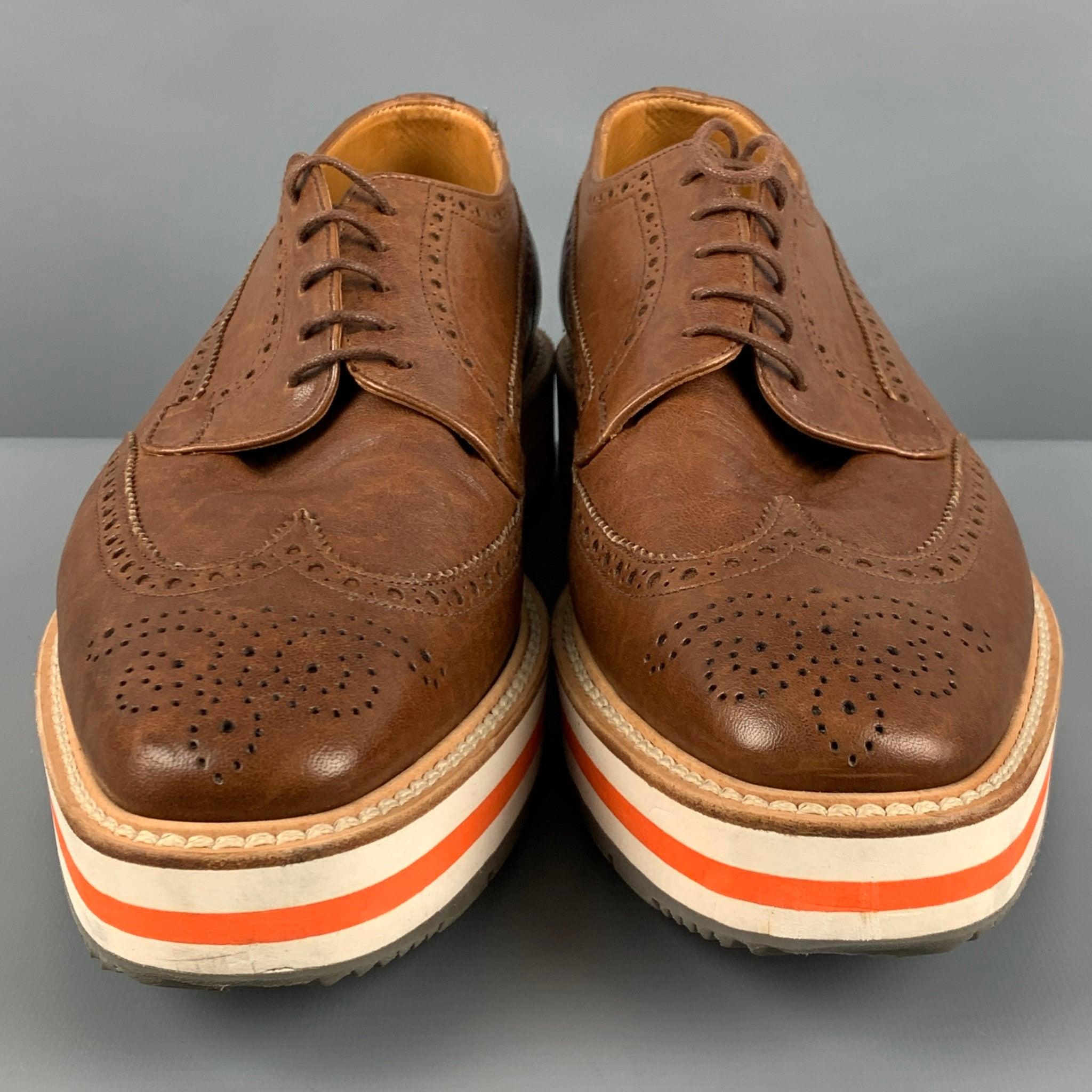 Men's PRADA Size 9.5 Brown Perforated Leather Wingtip Lace Up Shoes For Sale