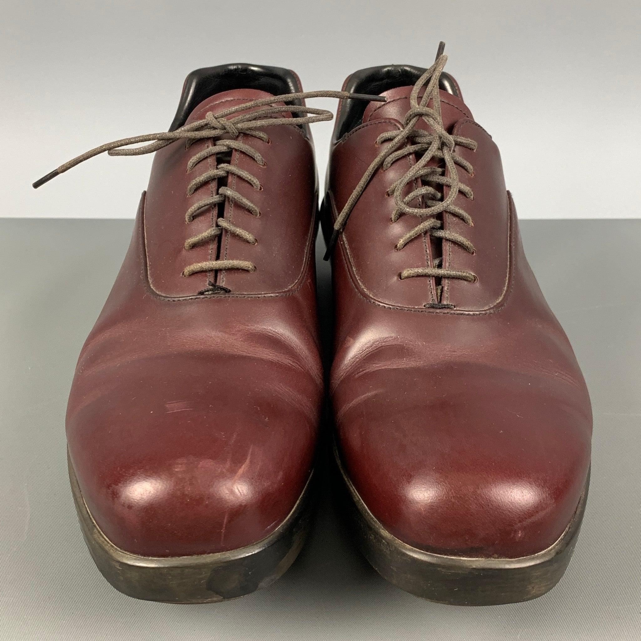 Men's PRADA Size 9.5 Burgundy Leather Platform Lace Up Shoes For Sale