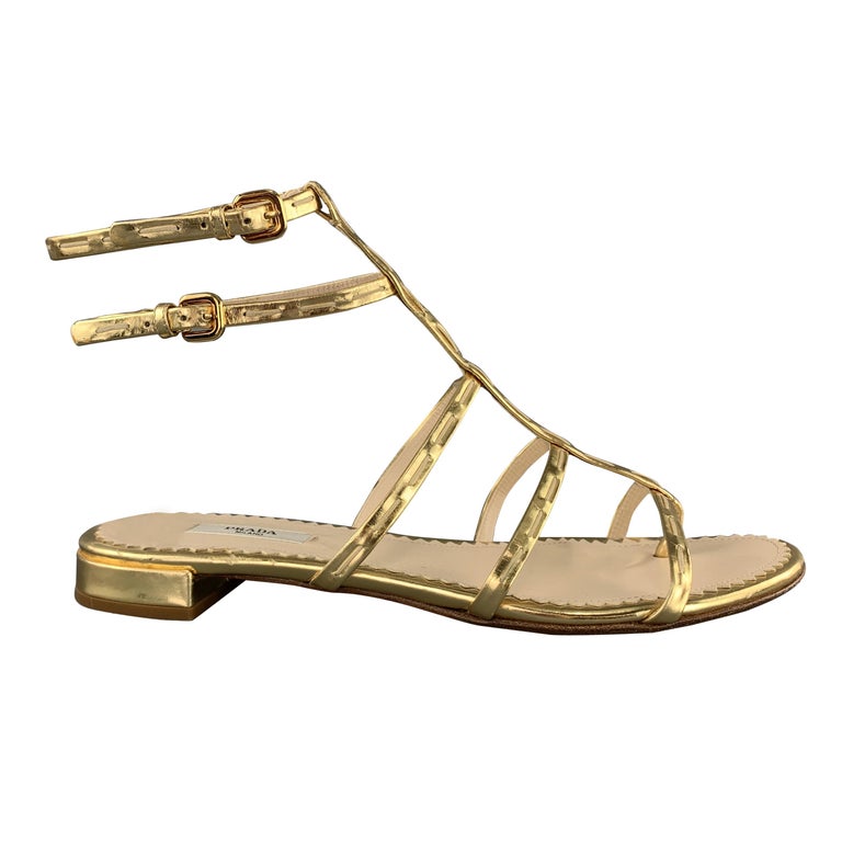 PRADA Size 9.5 Gold Leather Gladiator Sandals at 1stDibs