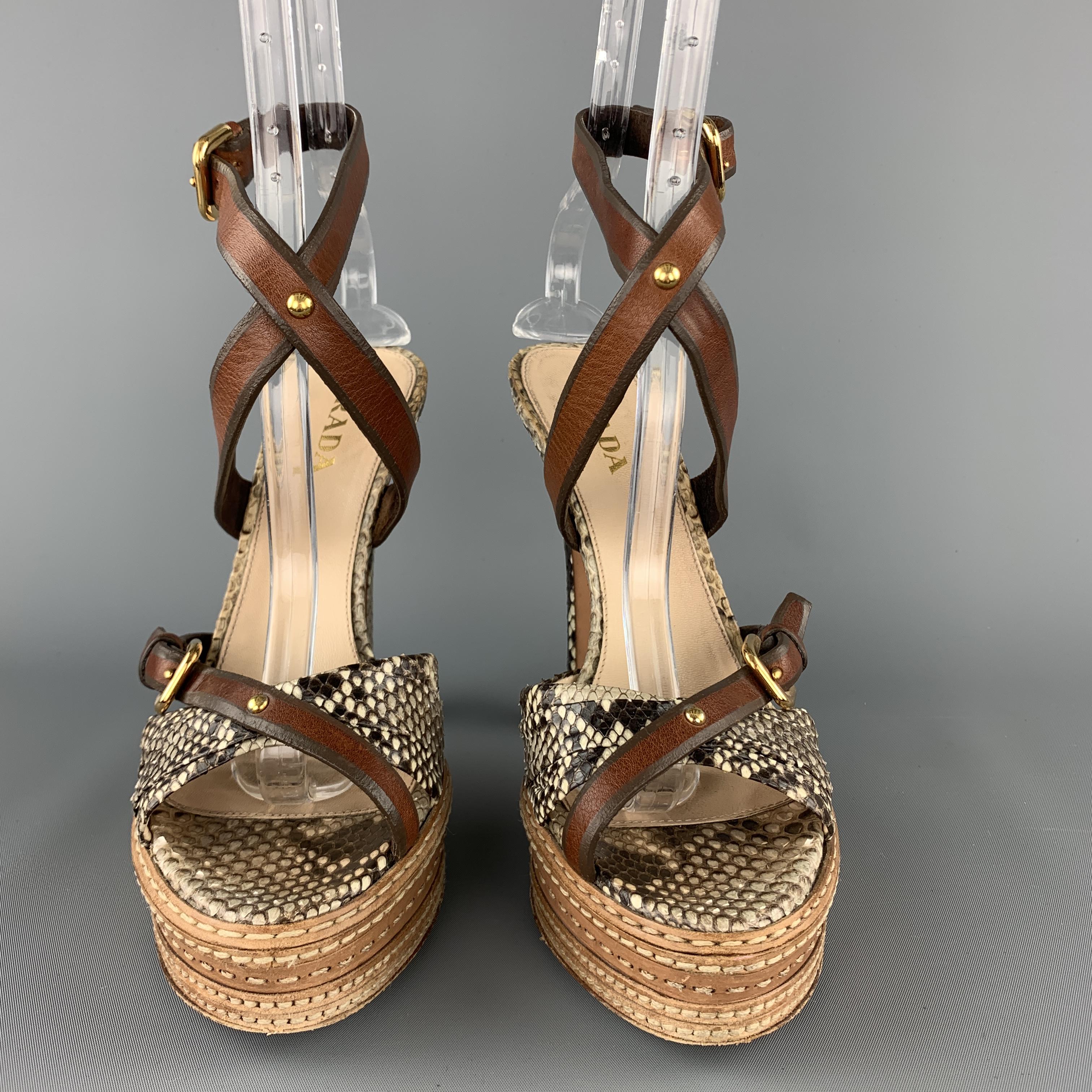 Brown PRADA Size 9.5 Phython Skin Leather Platform Strappy Peep Sandals
