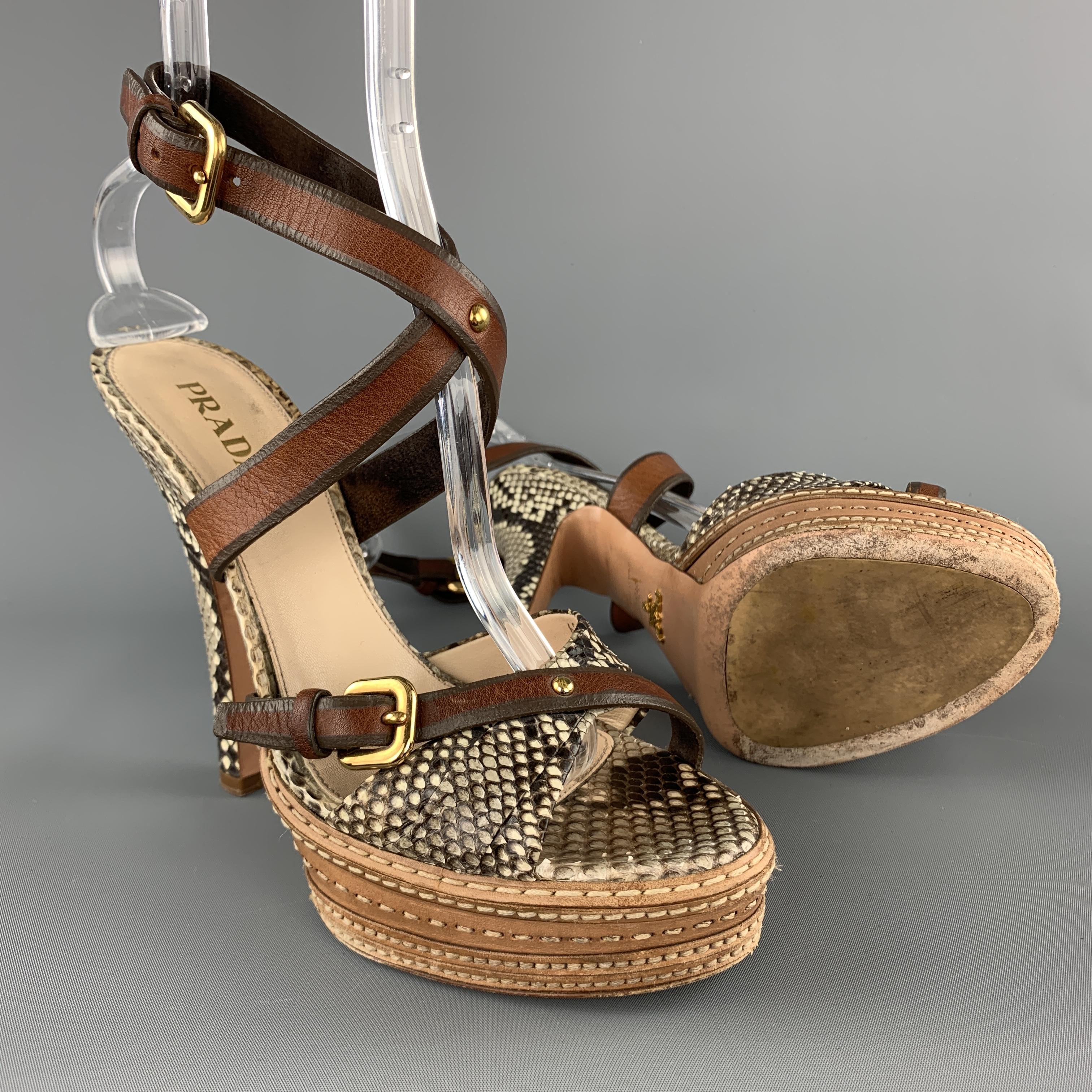PRADA Size 9.5 Phython Skin Leather Platform Strappy Peep Sandals In Good Condition In San Francisco, CA
