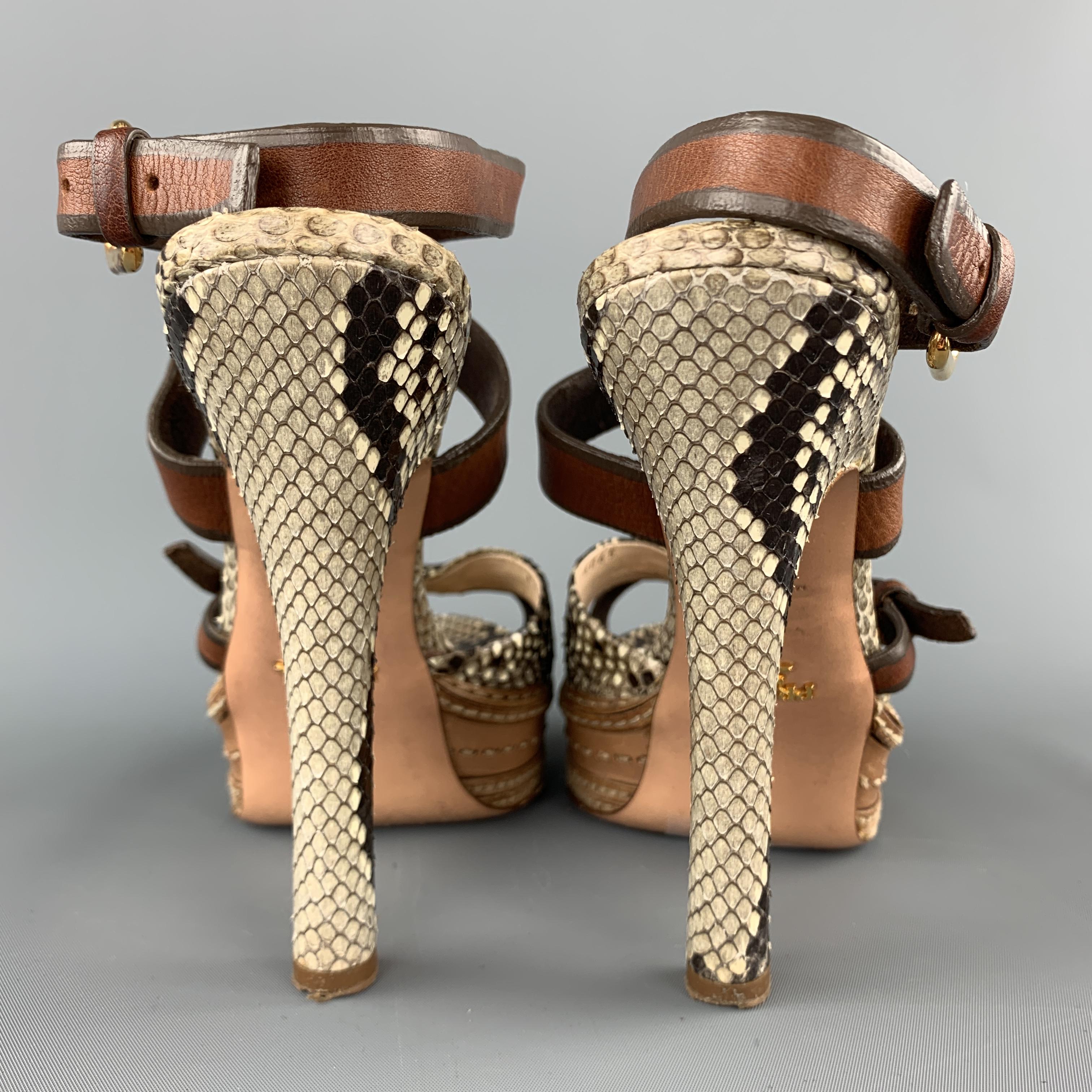 Women's PRADA Size 9.5 Phython Skin Leather Platform Strappy Peep Sandals