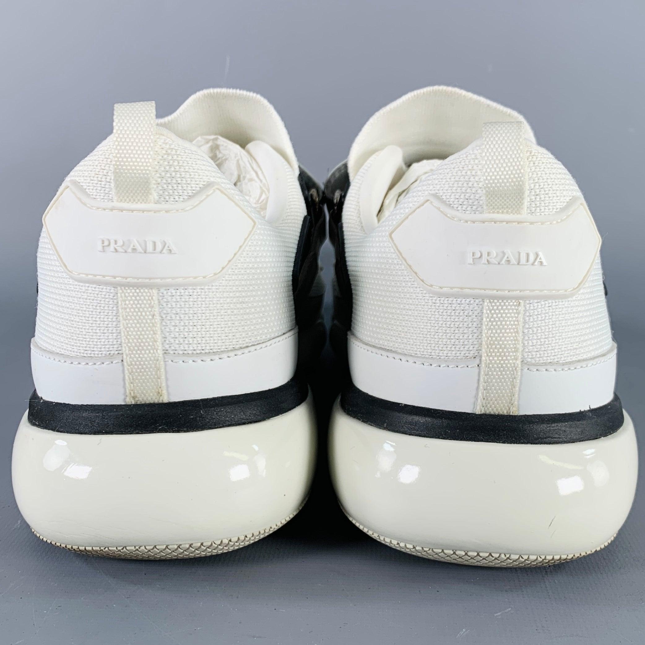 Gray PRADA Size 9.5 White Black Mesh Rubber Hook Loop Sneakers For Sale