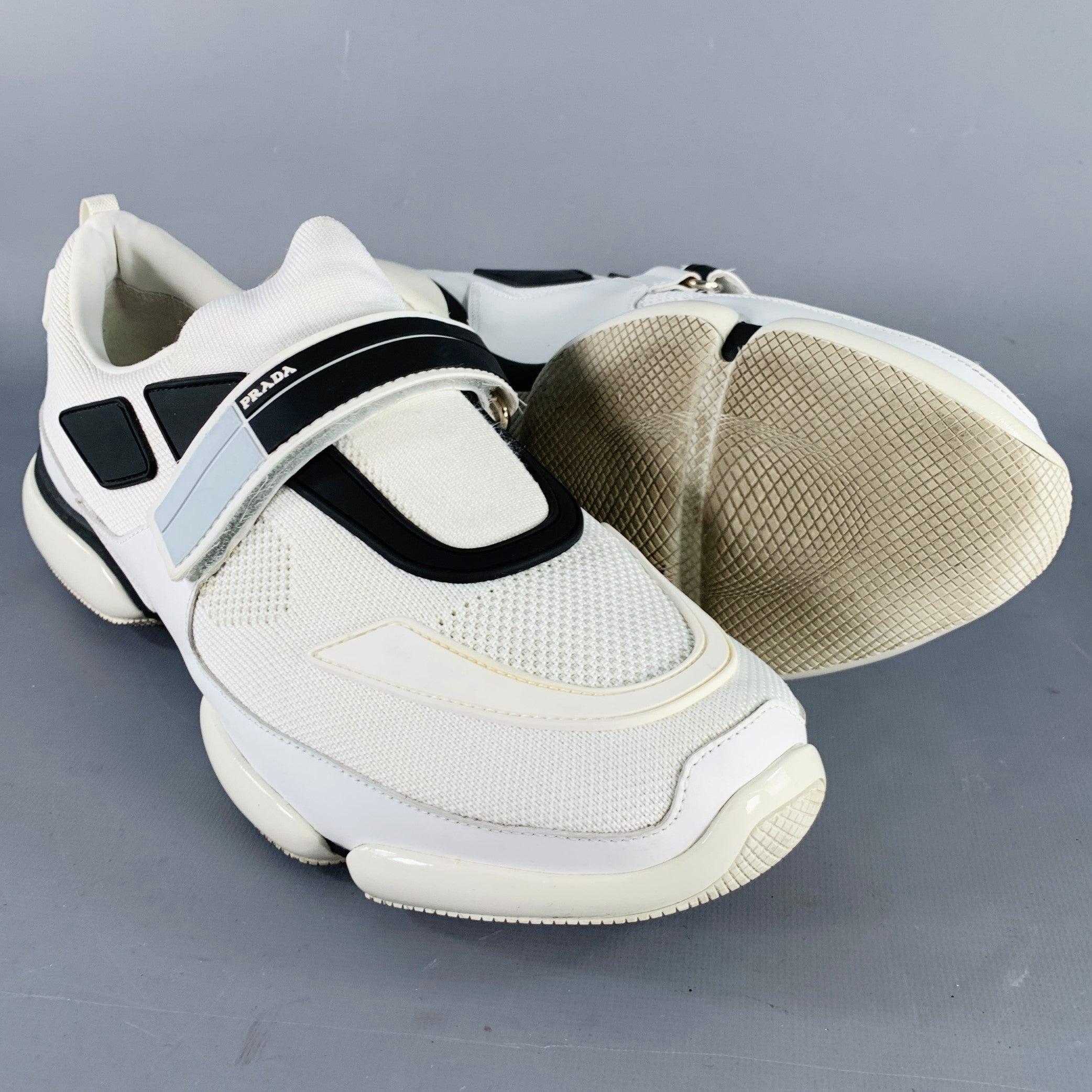 Men's PRADA Size 9.5 White Black Mesh Rubber Hook Loop Sneakers For Sale