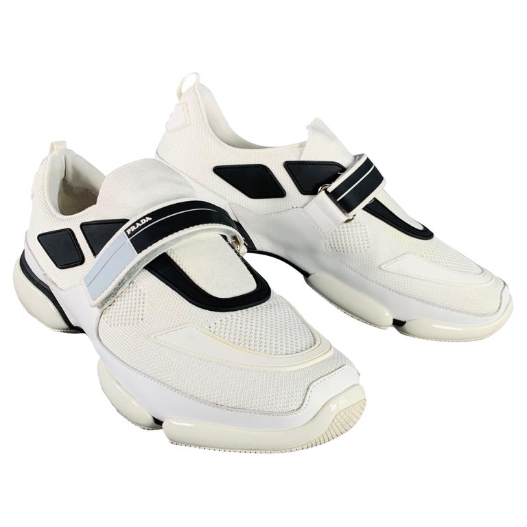 PRADA Taglia 9,5 Bianco Nero Mesh Gomma Hook Looping Scarpe da