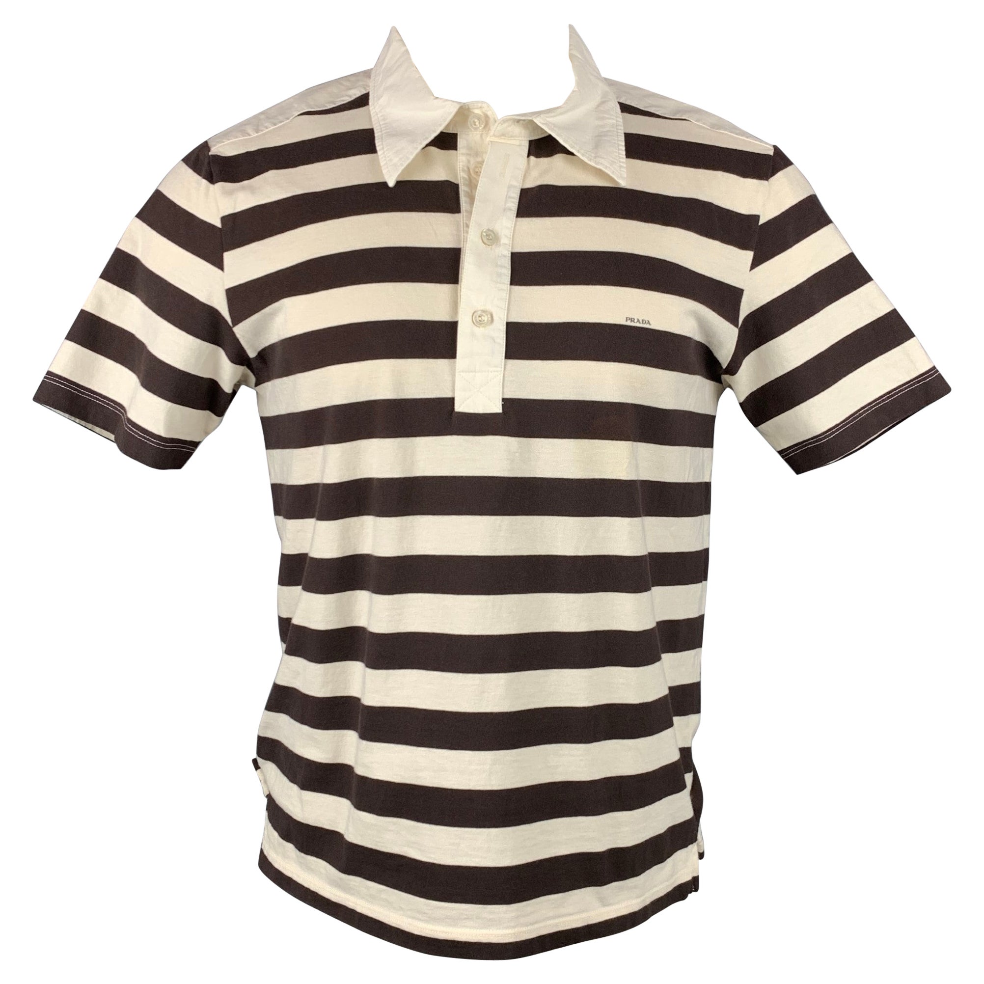 PRADA Size L Beige 
Brown Stripe Short Sleeve Polo
