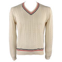 PRADA Size L Beige Cable Cotton V-Neck Red and Blue Trim Pullover Sweater
