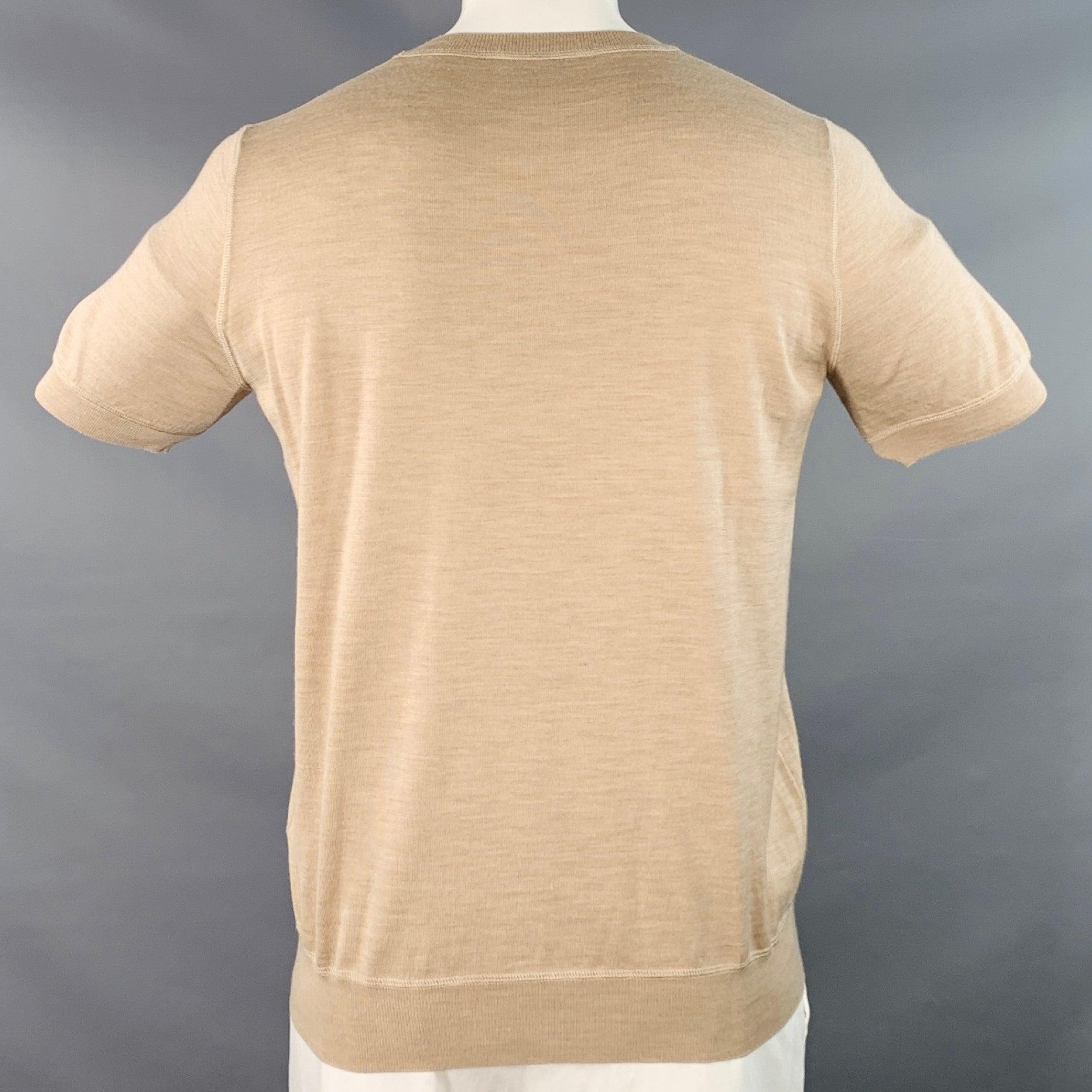 PRADA Größe L Beige Creme Logo Kaschmir Wolle Jersey Kurzarm Rundhalsausschnitt Pullover Herren im Angebot