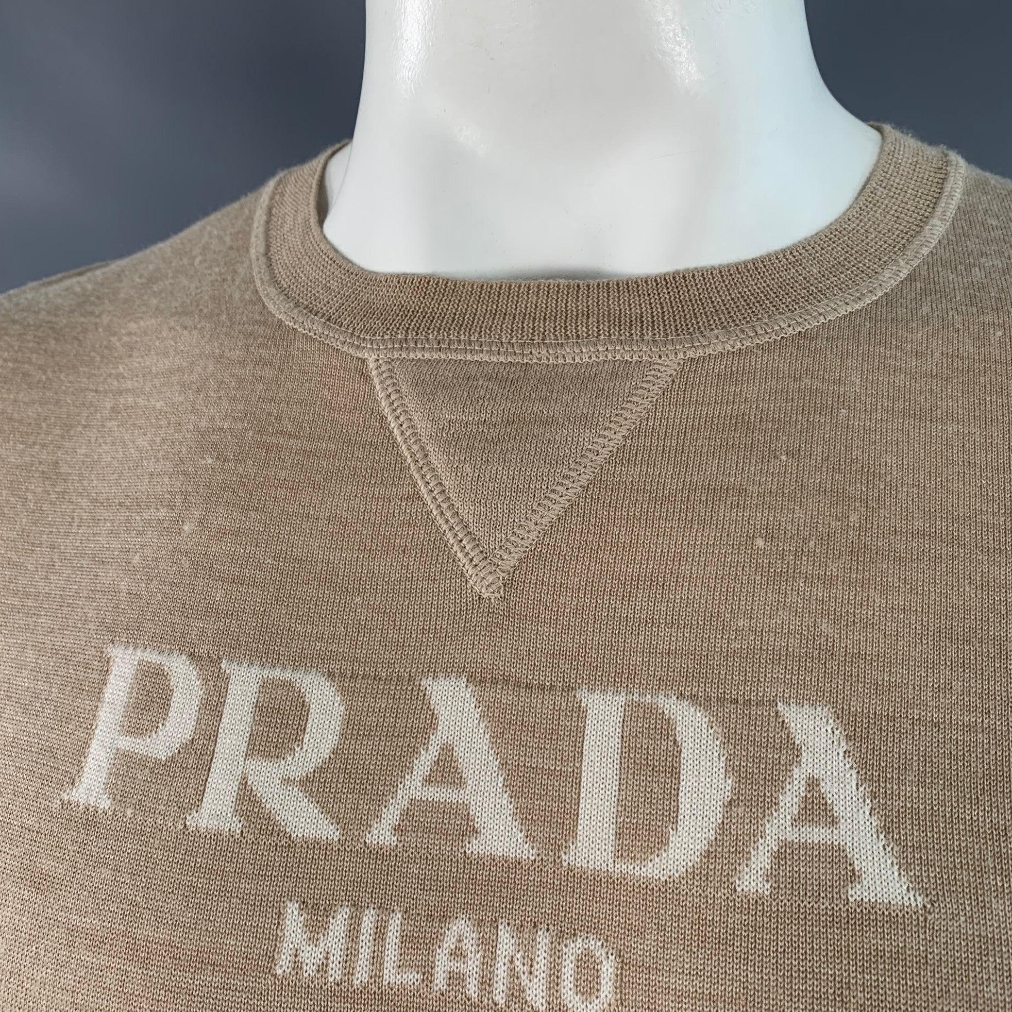 PRADA Größe L Beige Creme Logo Kaschmir Wolle Jersey Kurzarm Rundhalsausschnitt Pullover im Angebot 1