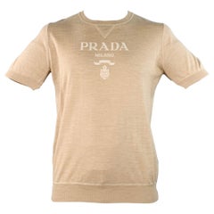 PRADA Taglia L Beige Crema Logo Cashmere Maglia Lana Manica Corta Girocollo Pullover