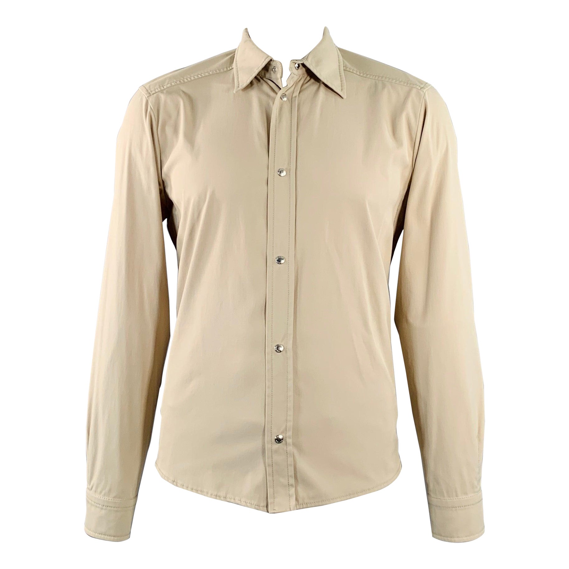 PRADA Size L Beige Nylon Blend Twill Snaps Long Sleeve Shirt