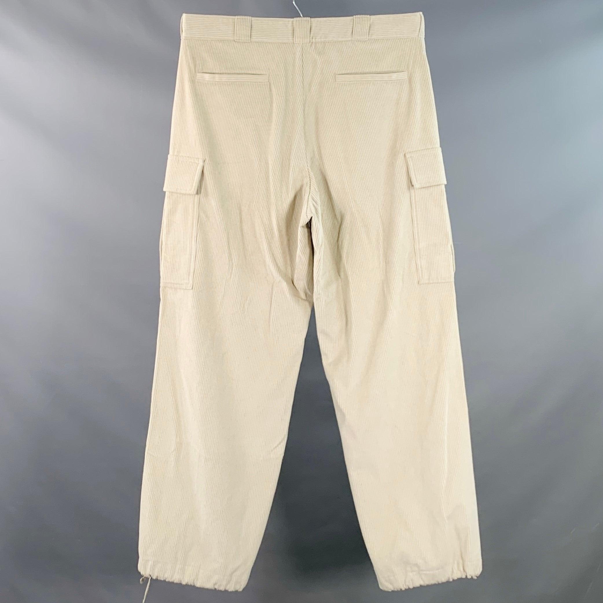 Men's PRADA Size L Beige Stone Pinwale Corduroy Cotton Cargo Casual Pants For Sale