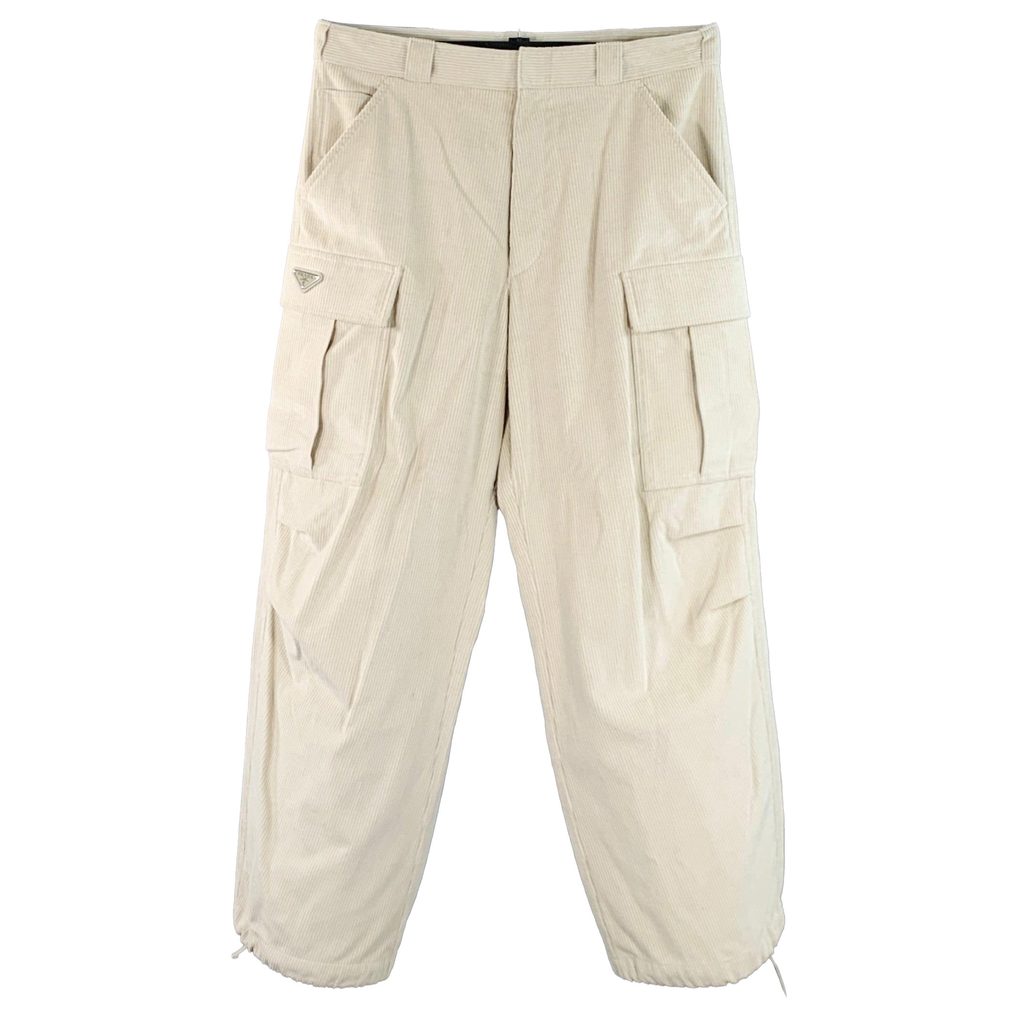 PRADA Size L Beige Stone Pinwale Corduroy Cotton Cargo Casual Pants For Sale