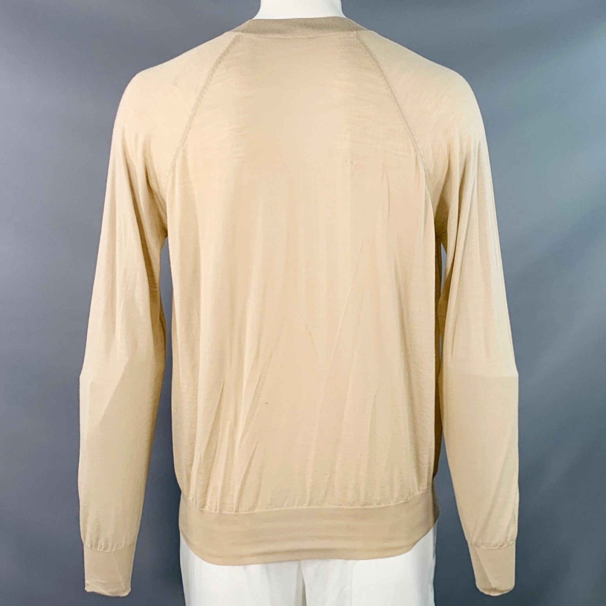 PRADA Size L Beige Virgin Wool Sheer Knit V-Neck Cardigan Bon état - En vente à San Francisco, CA