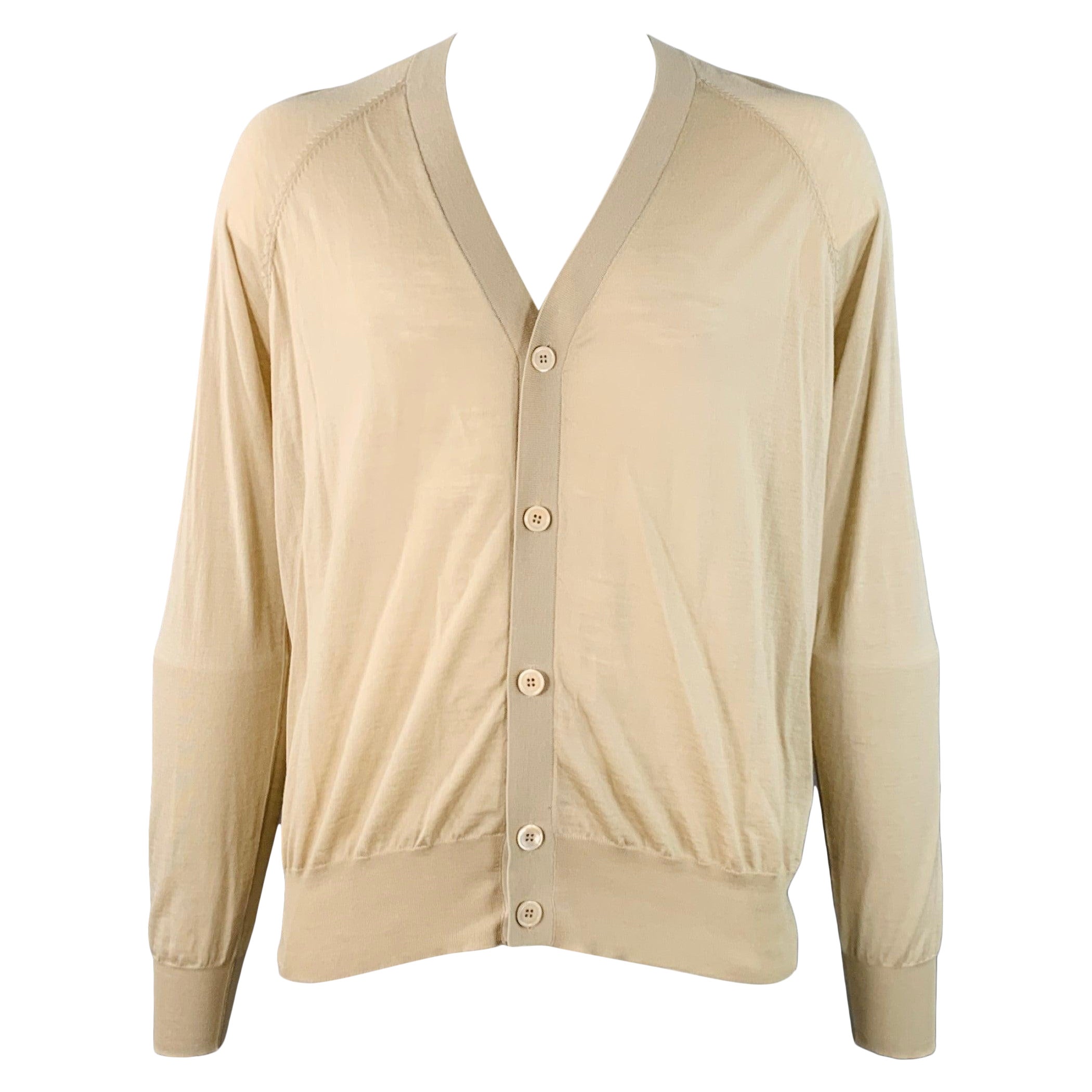 PRADA Size L Beige Virgin Wool Sheer Knit V-Neck Cardigan