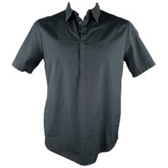 PRADA Size L Black Cotton Hidden Button Pop-Over Shirt