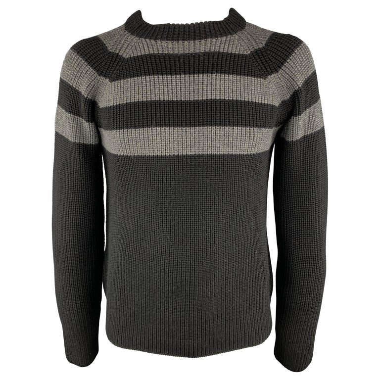 PRADA Size L Black and Grey Stripe Knitted Cashmere Round Neck Sweater ...