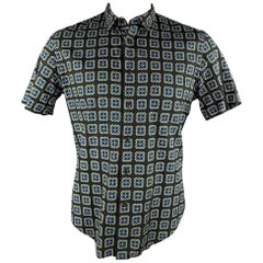 PRADA Size L Black Print Cotton Button Up Short Sleeve Shirt