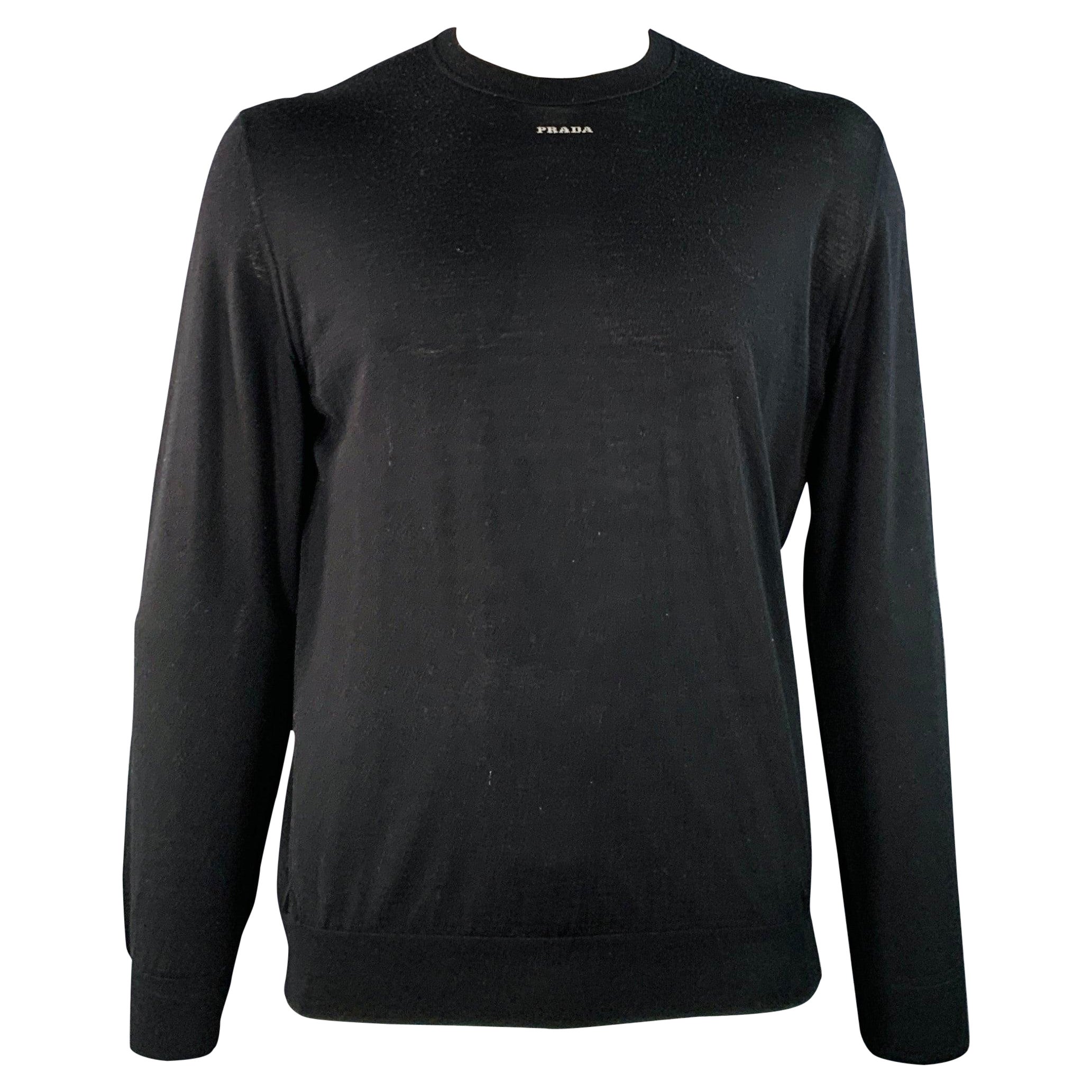 PRADA Size L Black White Jersey Logo Wool Long Sleeve Pullover