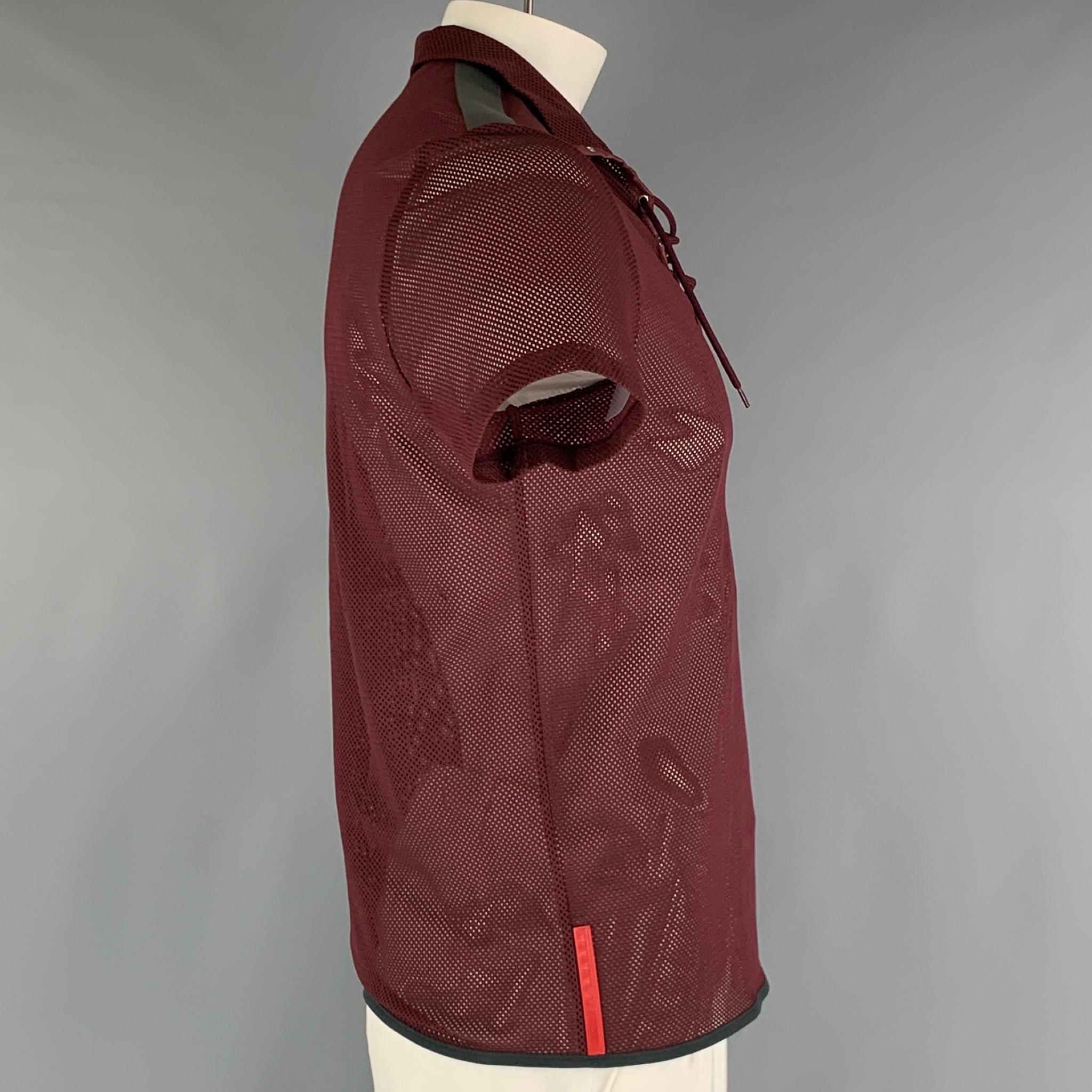 PRADA Size L Burgundy See-Through Polyester Lace Up Short Sleeve Shirt In Good Condition In San Francisco, CA