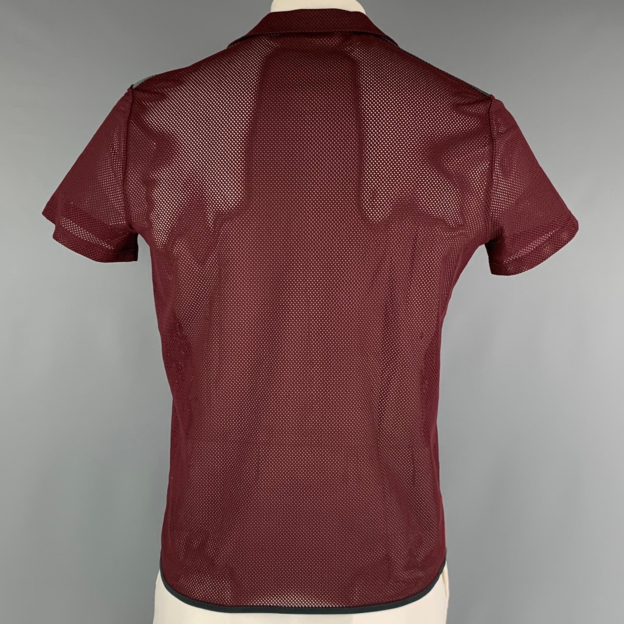 Men's PRADA Size L Burgundy See-Through Polyester Lace Up Short Sleeve Shirt