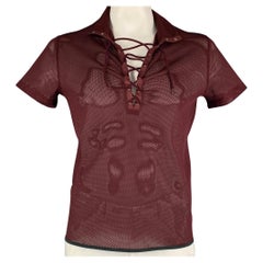 PRADA Size L Burgundy See-Through Polyester Lace Up Short Sleeve Shirt