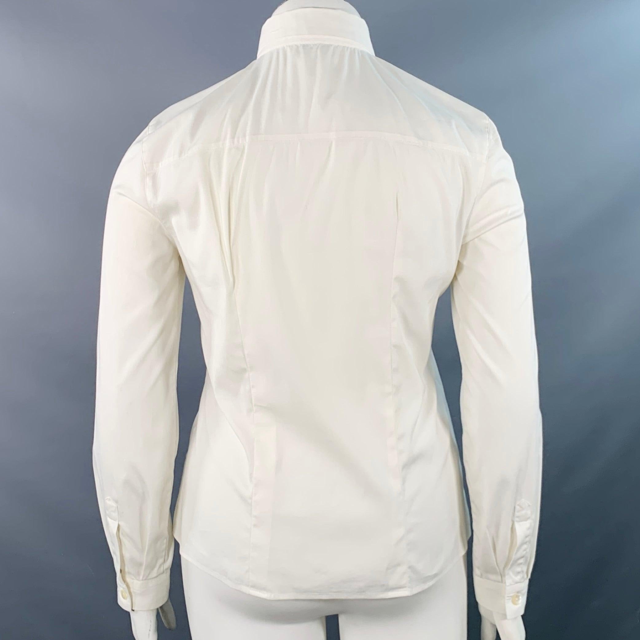 Beige PRADA Size L Cream Cotton Blend Ruffled Hidden Buttons Shirt For Sale