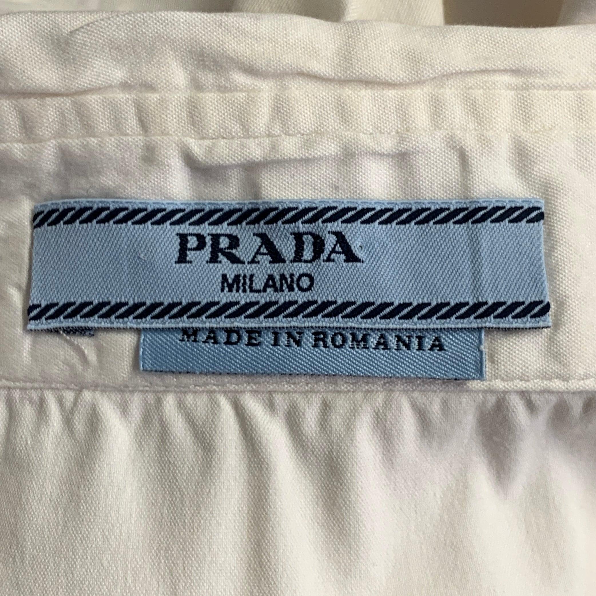 PRADA Size L Cream Cotton Blend Ruffled Hidden Buttons Shirt For Sale 3